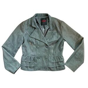 2000s Preppy Quirky Twee Yoki Women's Grey Wool Blend Ruffle Crop Peacoat Sz M